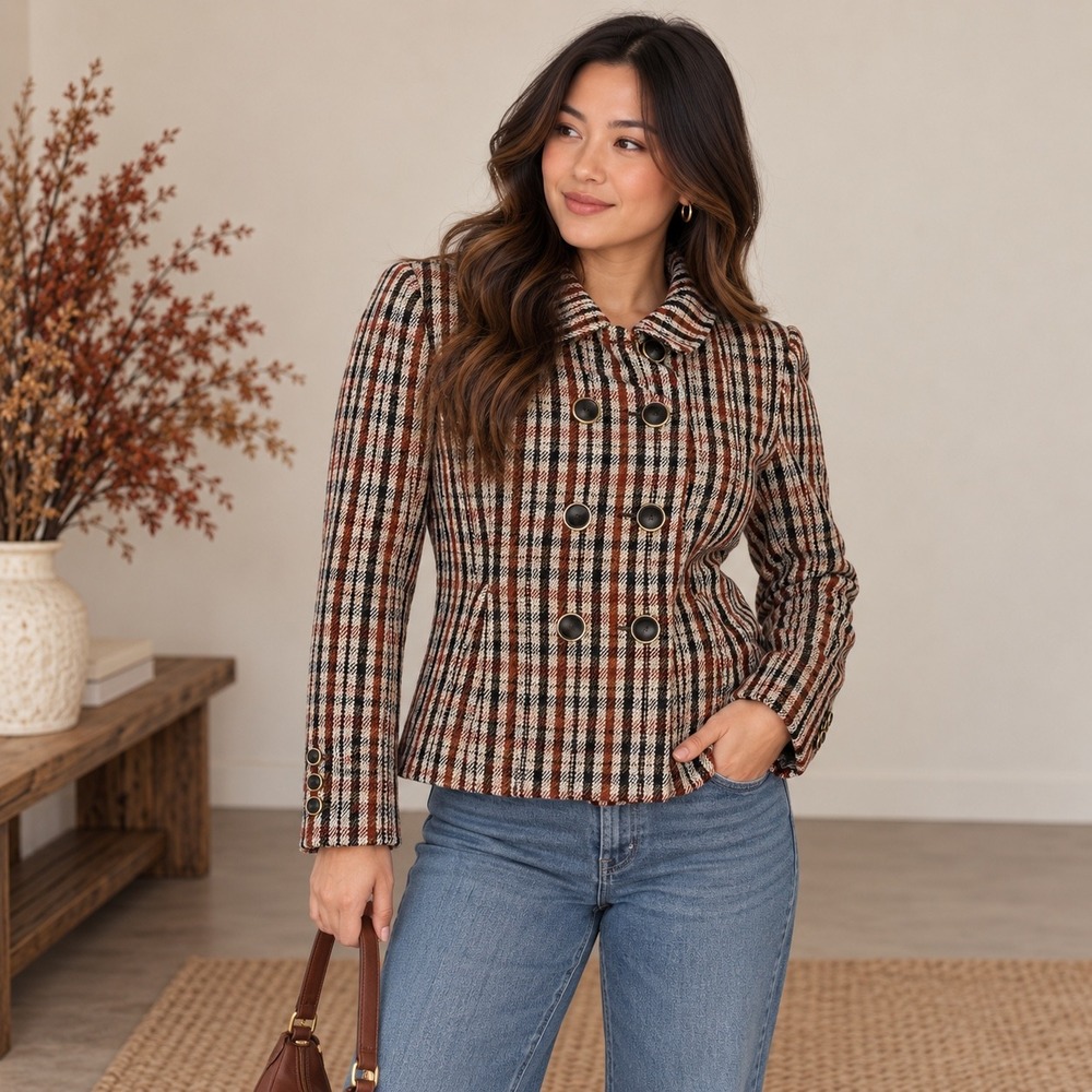 Cabi Jazzy Jacket 4118 Brown Plaid Double Breasted Fall Blazer Small